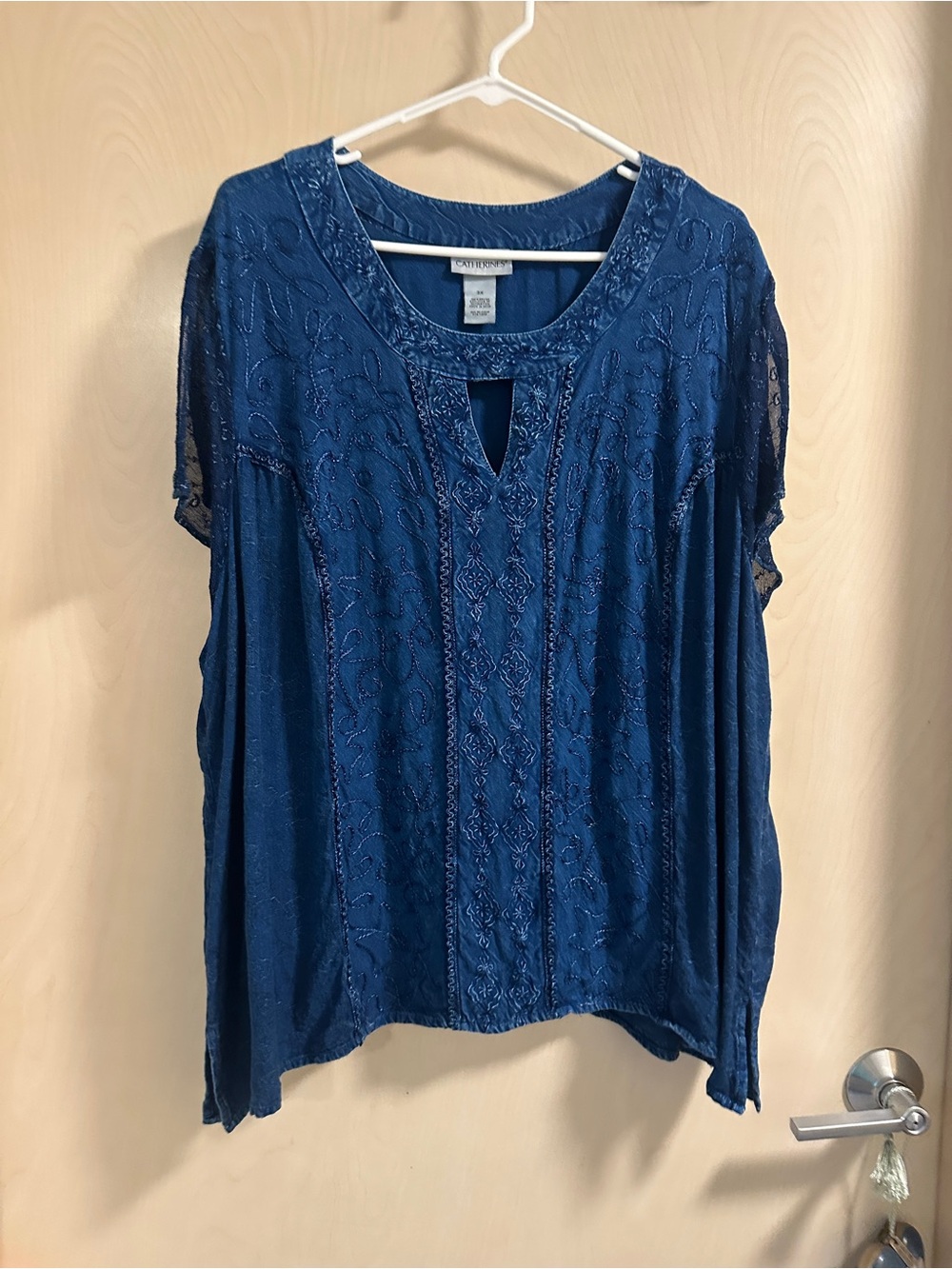 Catherines Blue Embroidered Keyhole Tunic Top 3xl